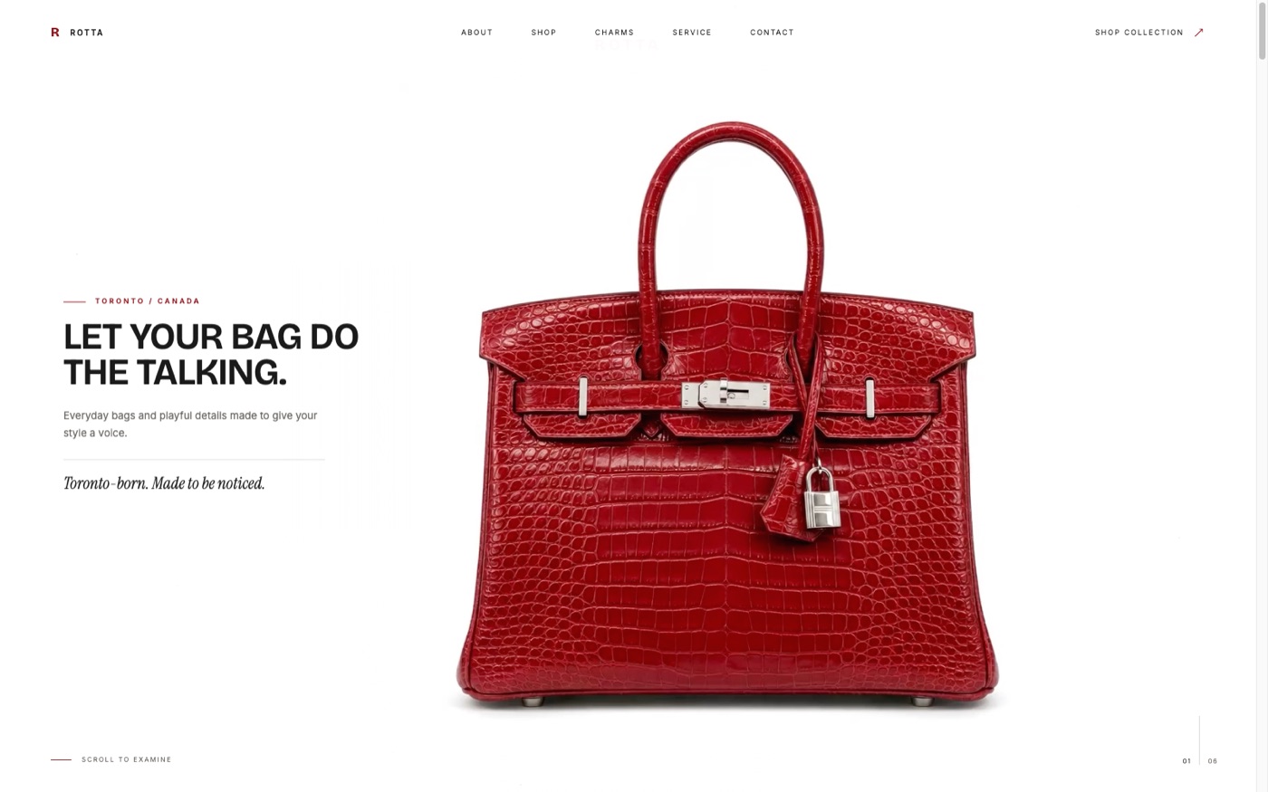 Rotta — Toronto handbag brand homepage, white background with a bold red croc-leather bag product photo
