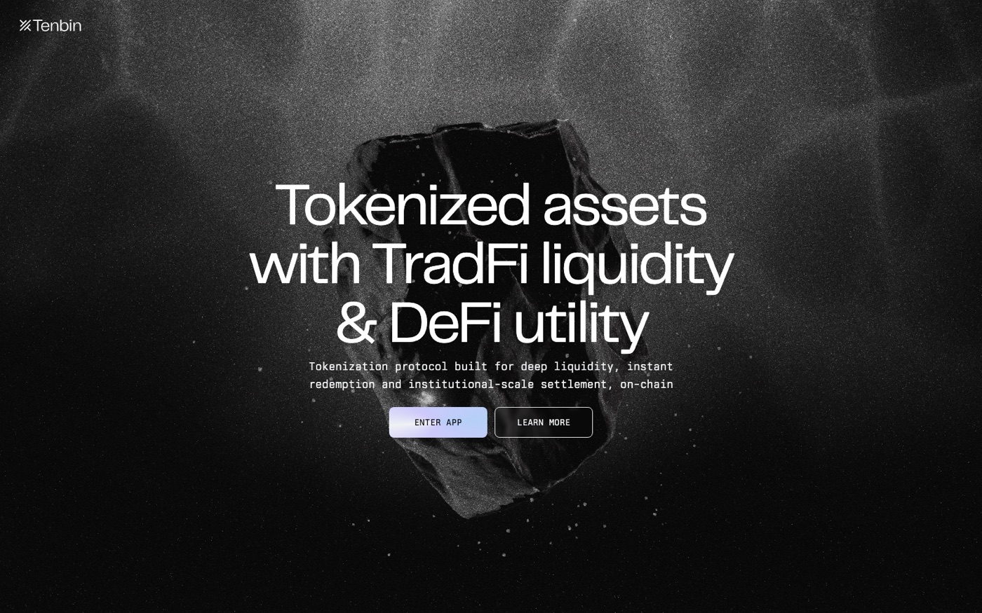 Tenbin Labs — Web3 tokenization protocol homepage, black grained background with a floating 3D obsidian rock
